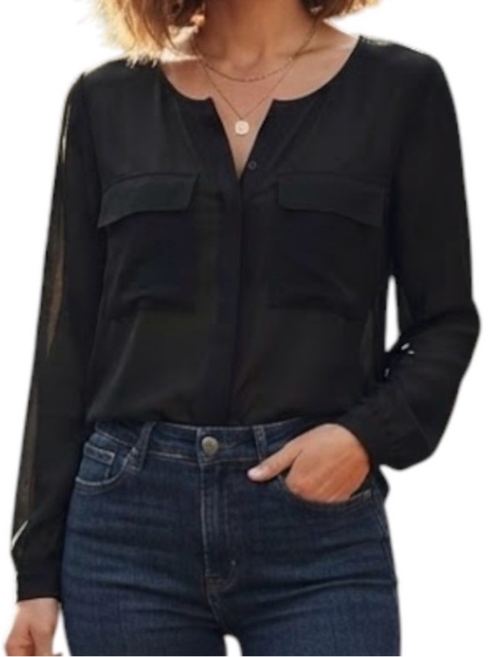JOE FRESH Black Sheer Long Sleeve Pocket Blouse Side Slit Top Womens Small S